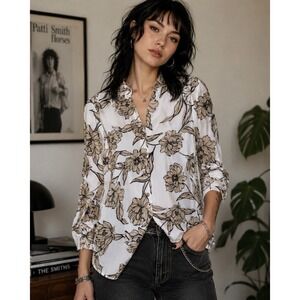 14th & Union Floral Button-Down Long Sleeve Women's Med‎ Neutral Boho Work Wear